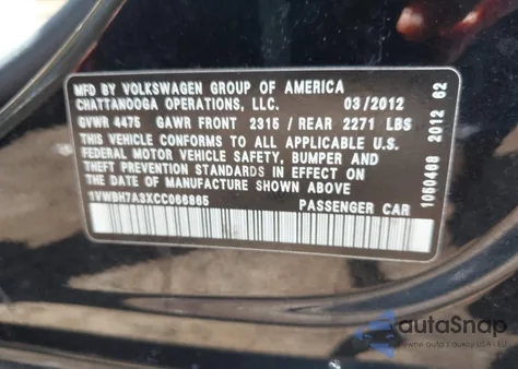 2012 Volkswagen Passat Se z USA, uszkodzony, nr VIN 1VWBH7A3XCC066865